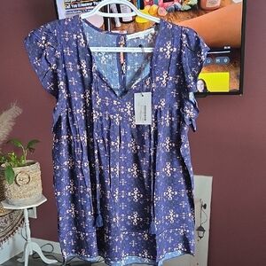 Melissa Nepton Navy Floral Blouse Boho Chic V-Neck Flutter Sleeve Lightweight